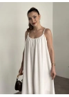 Oversize salaş askılı keten elbise beyaz