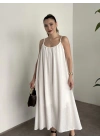 Oversize salaş askılı keten elbise beyaz