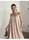 Oversize salaş askılı keten elbise krem