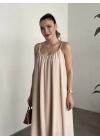 Oversize salaş askılı keten elbise krem