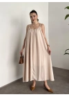 Oversize salaş askılı keten elbise krem