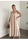 Oversize salaş askılı keten elbise krem