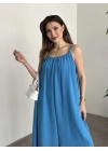 Oversize salaş askılı keten elbise mavi