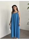 Oversize salaş askılı keten elbise mavi