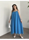 Oversize salaş askılı keten elbise mavi