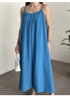 Oversize salaş askılı keten elbise mavi