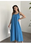 Oversize salaş askılı keten elbise mavi
