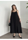 Oversize salaş askılı keten elbise siyah