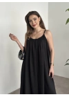 Oversize salaş askılı keten elbise siyah