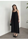 Oversize salaş askılı keten elbise siyah