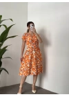 Papatyalı çiçekli kruvaze elbise turuncu