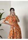 Papatyalı çiçekli kruvaze elbise turuncu