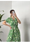 Papatyalı çiçekli kruvaze elbise yeşil