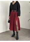 Piliseli yırtmaçlı uzun etek bordo