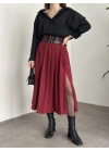 Piliseli yırtmaçlı uzun etek bordo