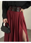 Piliseli yırtmaçlı uzun etek bordo