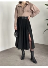 Piliseli yırtmaçlı uzun etek siyah