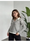 Polo Yaka Çizgili Triko Beyaz