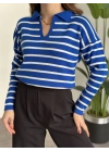 Polo Yaka Çizgili Triko Mavi