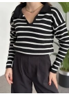 Polo Yaka Çizgili Triko Siyah