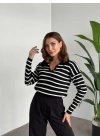 Polo Yaka Çizgili Triko Siyah