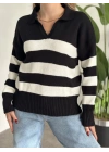 Polo yaka üç çizgili triko kazak siyah