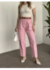 Premium dabıl kumaş kemerli pantolon pembe