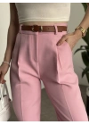 Premium dabıl kumaş kemerli pantolon pembe