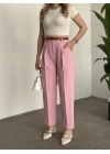 Premium dabıl kumaş kemerli pantolon pembe
