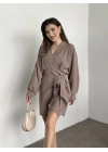 Premium kalite tensel kumaş balon kol bağlamalı elbise vizon
