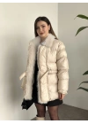 Premium kürk detaylı bağlamalı şişme mont krem