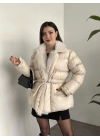 Premium kürk detaylı bağlamalı şişme mont krem
