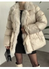 Premium kürk detaylı bağlamalı şişme mont krem