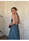 Sahara sırt dekolteli paisley maxi elbise mavi