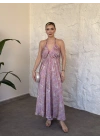 Sahara sırt dekolteli paisley maxi elbise pembe