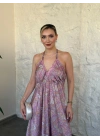 Sahara sırt dekolteli paisley maxi elbise pembe