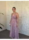 Sahara sırt dekolteli paisley maxi elbise pembe