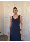 Şal desen bağlama detaylı maxi elbise indigo