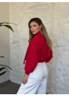 Şal Yaka Balon Kol Crop Trenç kırmızı