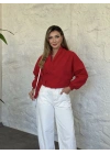 Şal Yaka Balon Kol Crop Trenç kırmızı