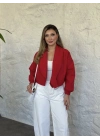 Şal Yaka Balon Kol Crop Trenç kırmızı