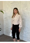 Şal Yaka Balon Kol Crop Trenç krem
