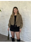Şal Yaka Balon Kol Crop Trenç yeşil