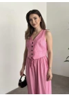 Şalvar kesim pantolon yelekli takım pembe