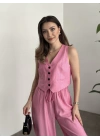 Şalvar kesim pantolon yelekli takım pembe