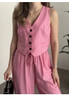 Şalvar kesim pantolon yelekli takım pembe