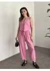 Şalvar kesim pantolon yelekli takım pembe