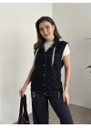 Şapkası çıkarılabilir denim yelek koyu