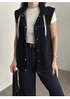 Şapkası çıkarılabilir denim yelek koyu