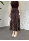 Saten dantel garnili uzun etek kahve